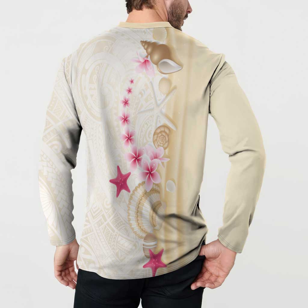 Beige Frangipani Sea Shell Button Sweatshirt Starfish Polynesian Pattern LT01 - Polynesian Pride