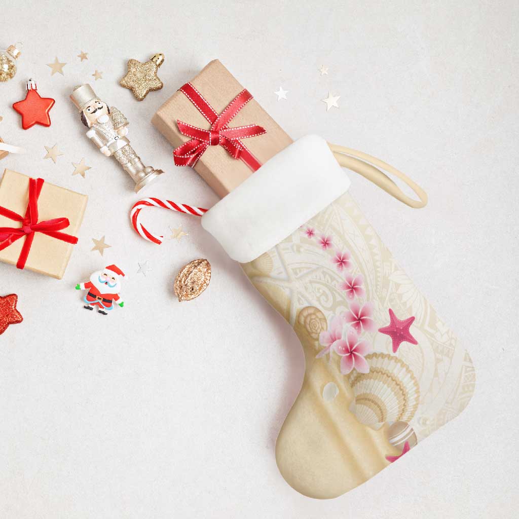 Beige Frangipani Sea Shell Christmas Stocking Starfish Polynesian Pattern - Polynesian Pride