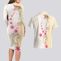 Beige Frangipani Sea Shell Couples Matching Long Sleeve Bodycon Dress and Hawaiian Shirt Starfish Polynesian Pattern - Polynesian Pride
