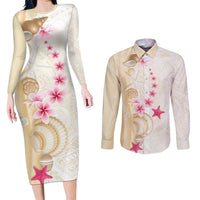 Beige Frangipani Sea Shell Couples Matching Long Sleeve Bodycon Dress and Long Sleeve Button Shirt Starfish Polynesian Pattern LT01 Beige - Polynesian Pride