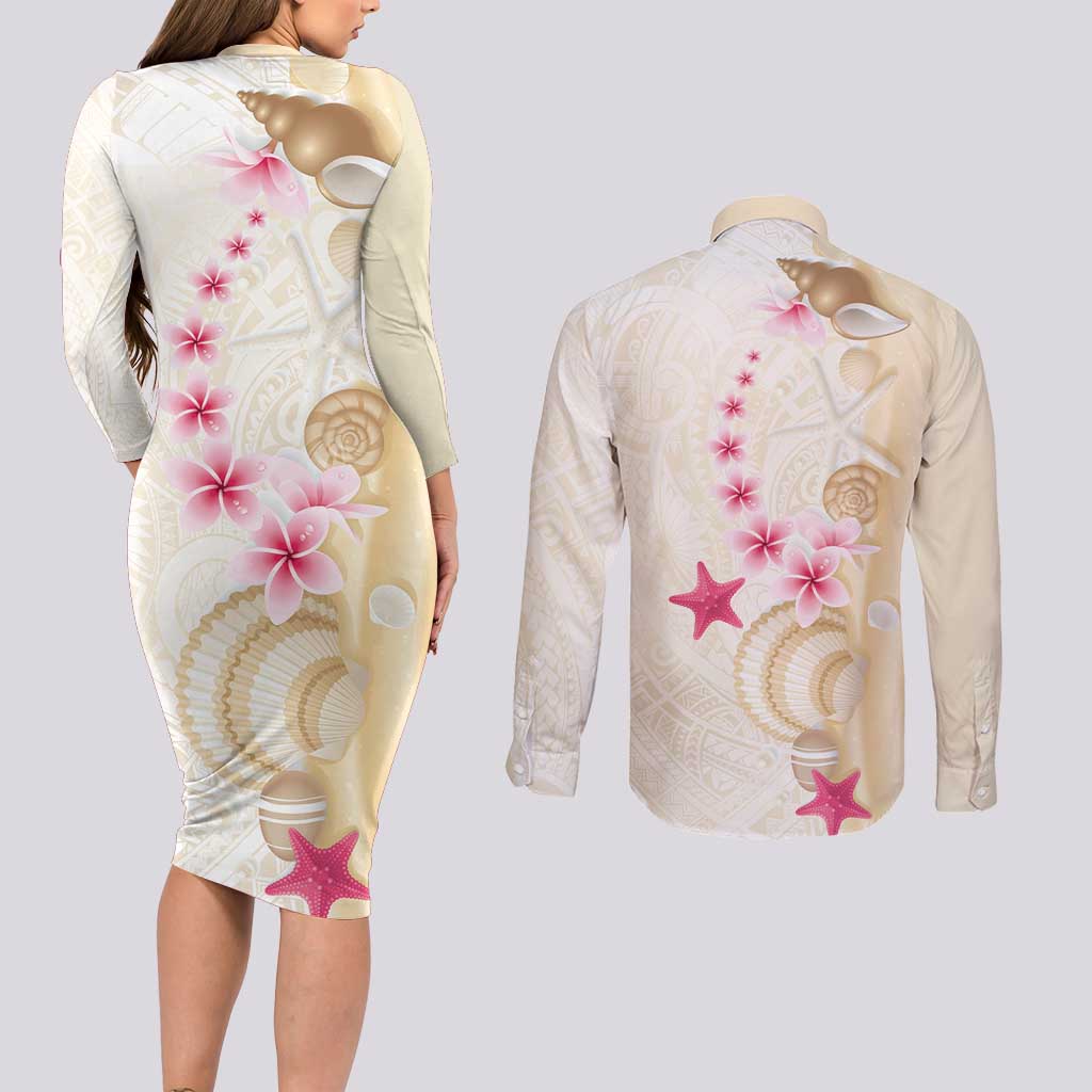 Beige Frangipani Sea Shell Couples Matching Long Sleeve Bodycon Dress and Long Sleeve Button Shirt Starfish Polynesian Pattern LT01 - Polynesian Pride