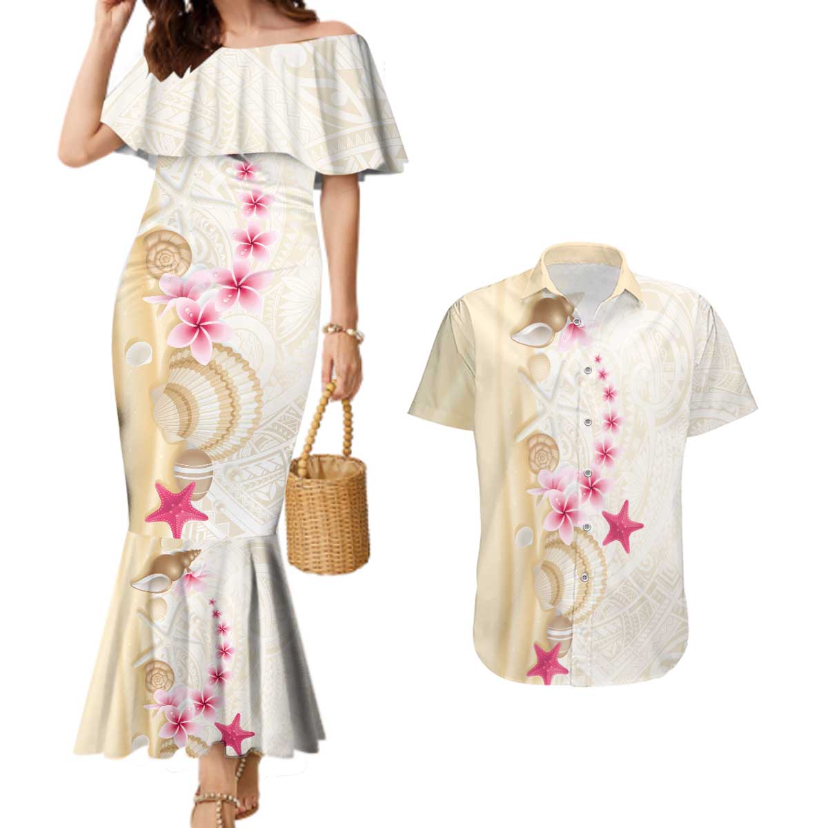 Beige Frangipani Sea Shell Couples Matching Mermaid Dress and Hawaiian Shirt Starfish Polynesian Pattern - Polynesian Pride