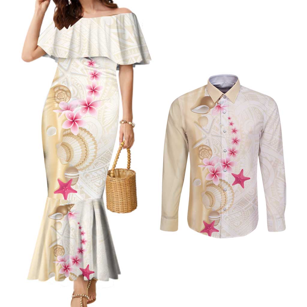Beige Frangipani Sea Shell Couples Matching Mermaid Dress and Long Sleeve Button Shirt Starfish Polynesian Pattern LT01 Beige - Polynesian Pride