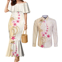 Beige Frangipani Sea Shell Couples Matching Mermaid Dress and Long Sleeve Button Shirt Starfish Polynesian Pattern LT01 Beige - Polynesian Pride