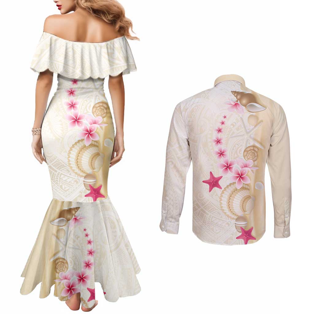 Beige Frangipani Sea Shell Couples Matching Mermaid Dress and Long Sleeve Button Shirt Starfish Polynesian Pattern LT01 - Polynesian Pride