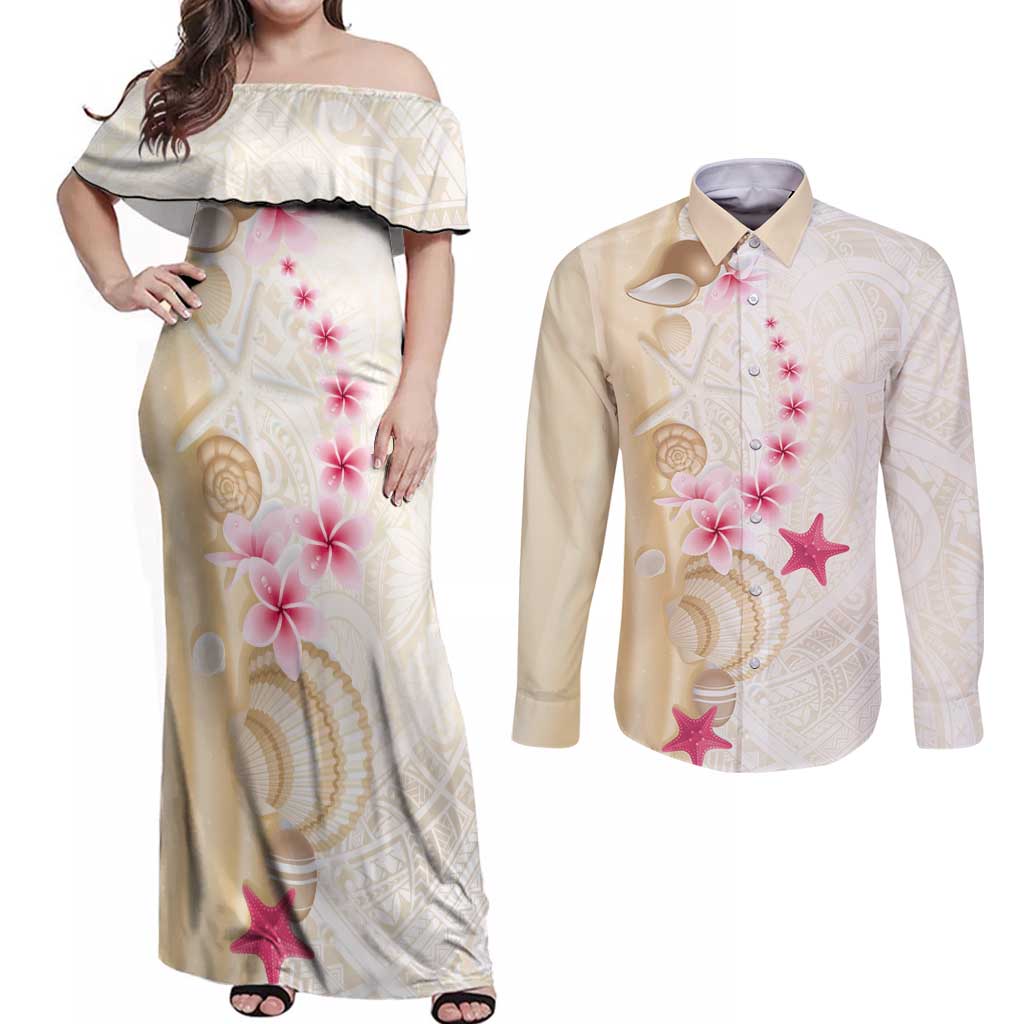 Beige Frangipani Sea Shell Couples Matching Off Shoulder Maxi Dress and Long Sleeve Button Shirt Starfish Polynesian Pattern LT01 Beige - Polynesian Pride