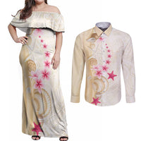 Beige Frangipani Sea Shell Couples Matching Off Shoulder Maxi Dress and Long Sleeve Button Shirt Starfish Polynesian Pattern LT01 Beige - Polynesian Pride