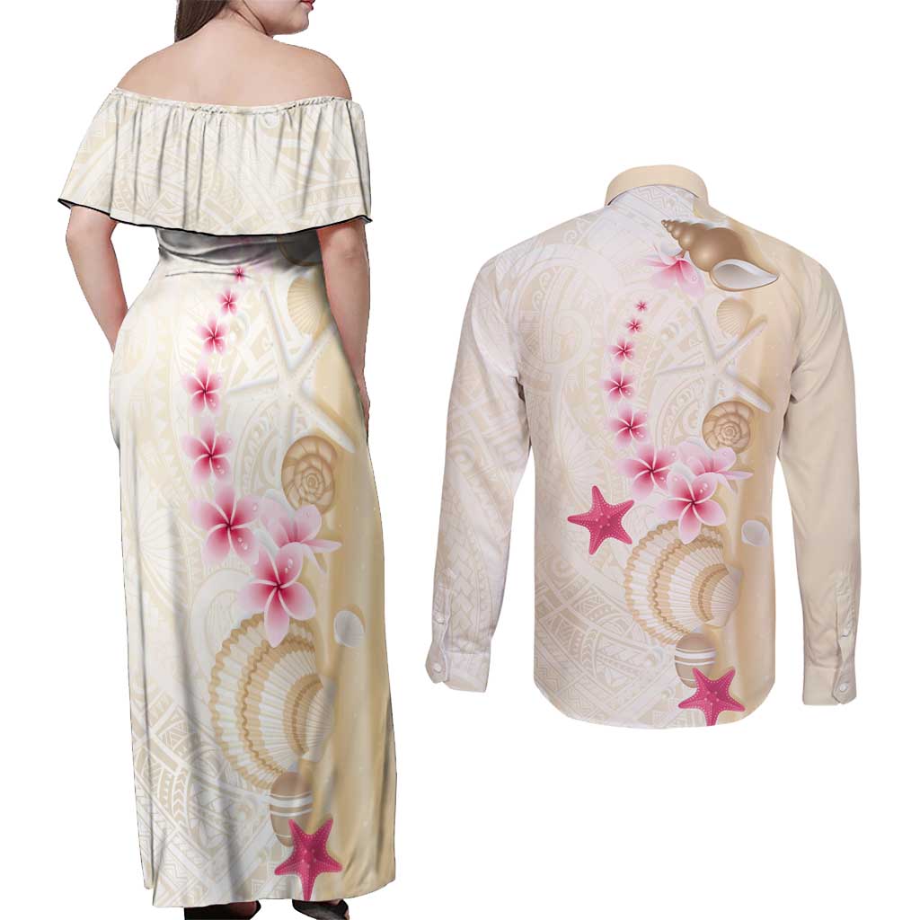 Beige Frangipani Sea Shell Couples Matching Off Shoulder Maxi Dress and Long Sleeve Button Shirt Starfish Polynesian Pattern LT01 - Polynesian Pride