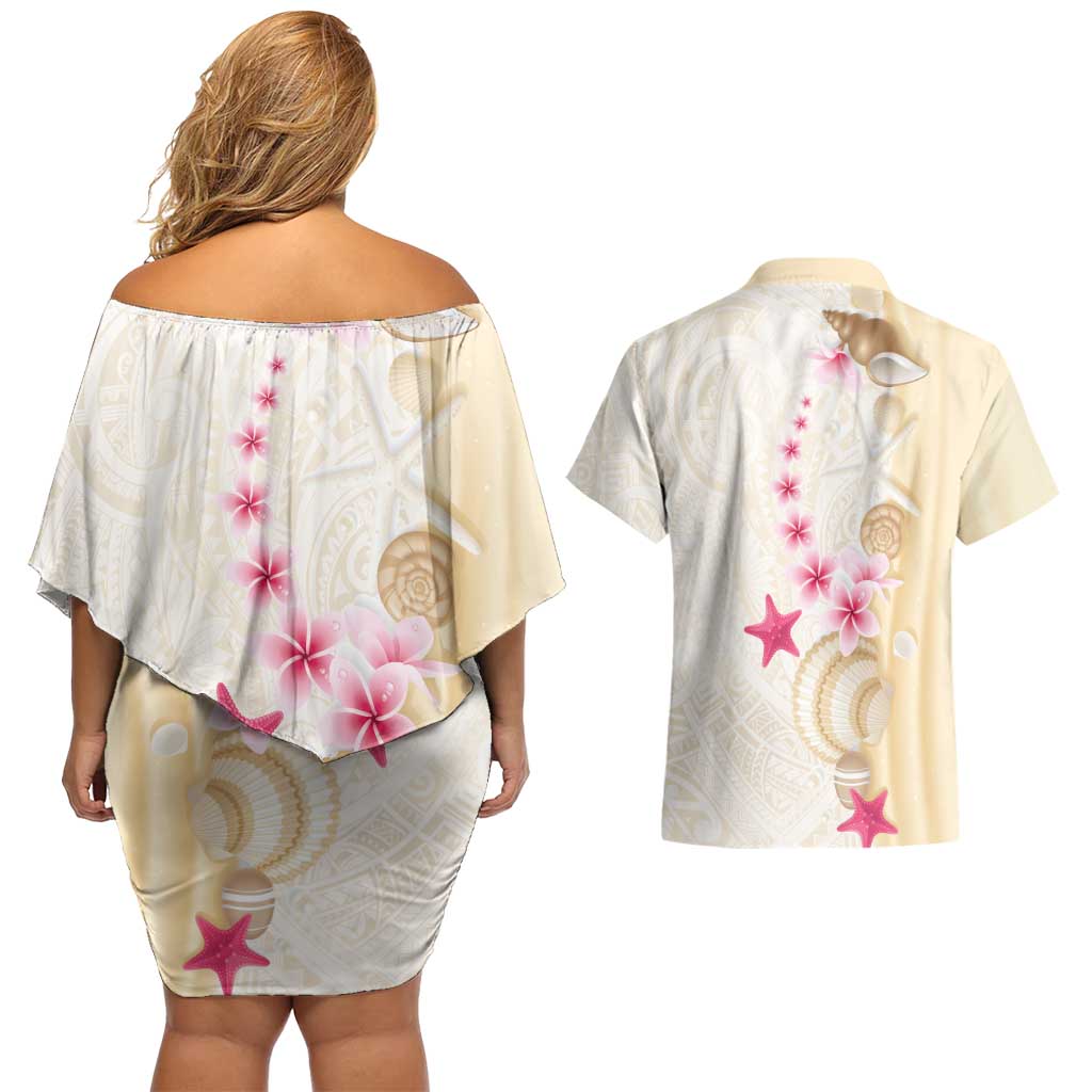 Beige Frangipani Sea Shell Couples Matching Off Shoulder Short Dress and Hawaiian Shirt Starfish Polynesian Pattern - Polynesian Pride