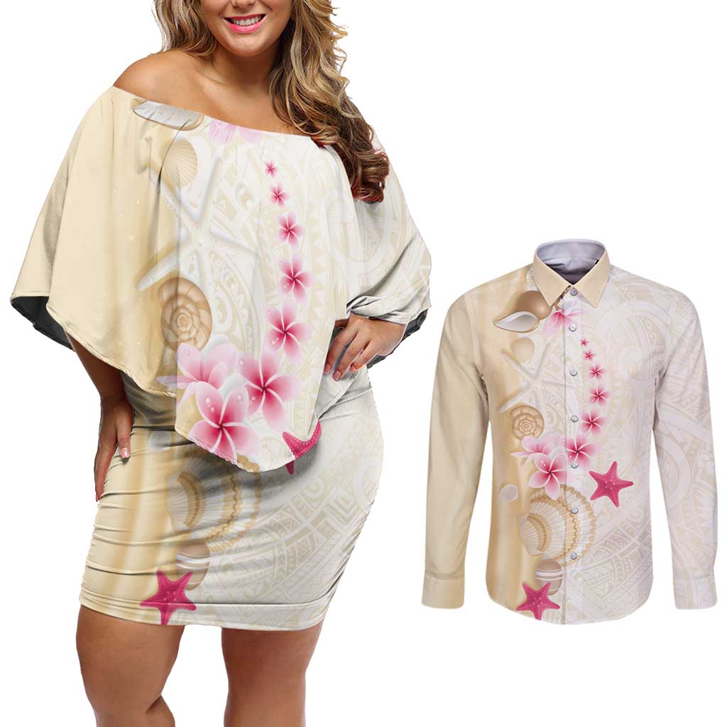 Beige Frangipani Sea Shell Couples Matching Off Shoulder Short Dress and Long Sleeve Button Shirt Starfish Polynesian Pattern LT01 Beige - Polynesian Pride