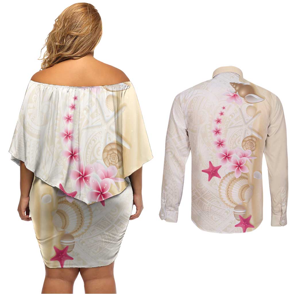 Beige Frangipani Sea Shell Couples Matching Off Shoulder Short Dress and Long Sleeve Button Shirt Starfish Polynesian Pattern LT01 - Polynesian Pride