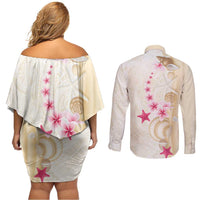 Beige Frangipani Sea Shell Couples Matching Off Shoulder Short Dress and Long Sleeve Button Shirt Starfish Polynesian Pattern LT01 - Polynesian Pride