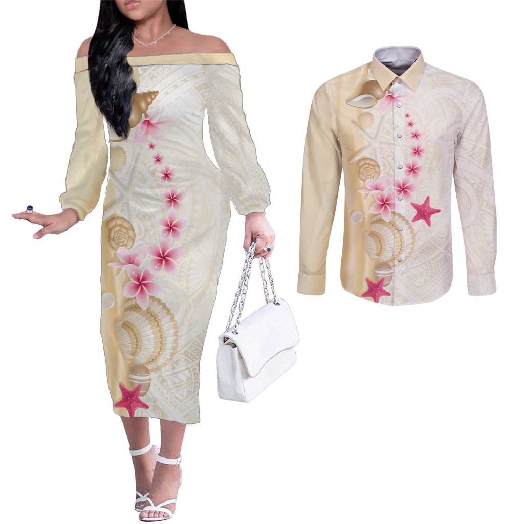 Beige Frangipani Sea Shell Couples Matching Off The Shoulder Long Sleeve Dress and Long Sleeve Button Shirt Starfish Polynesian Pattern LT01 Beige - Polynesian Pride