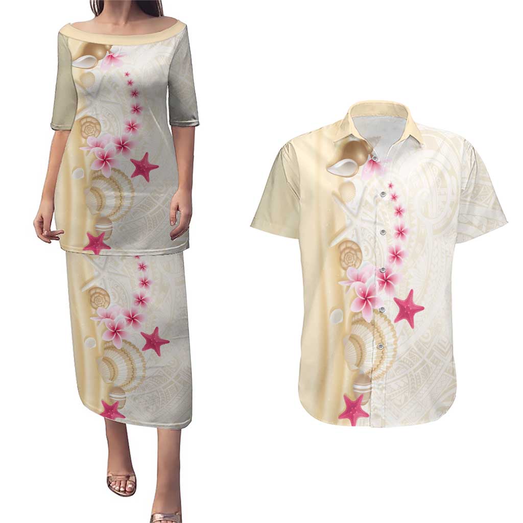 Beige Frangipani Sea Shell Couples Matching Puletasi and Hawaiian Shirt Starfish Polynesian Pattern LT01 Beige - Polynesian Pride