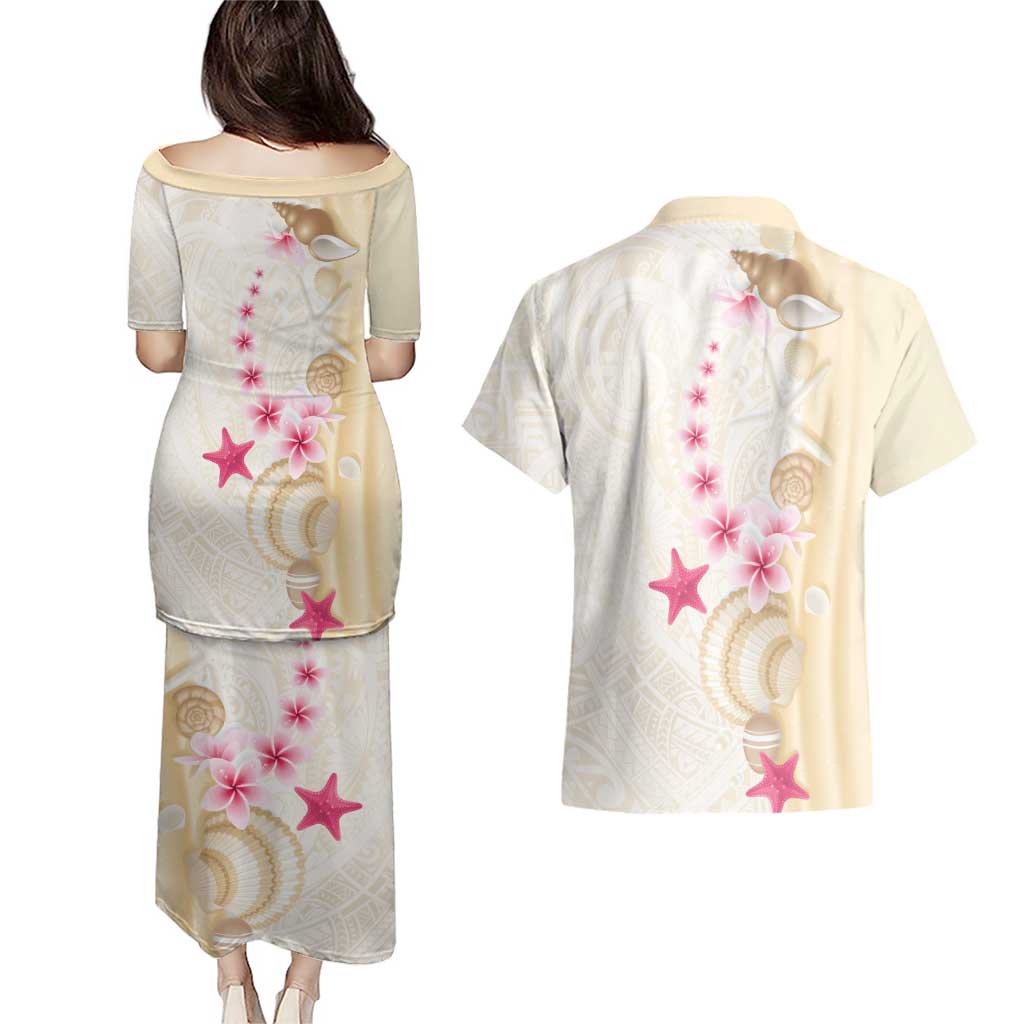 Beige Frangipani Sea Shell Couples Matching Puletasi and Hawaiian Shirt Starfish Polynesian Pattern LT01 - Polynesian Pride