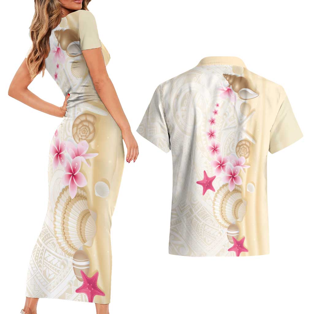 Beige Frangipani Sea Shell Couples Matching Short Sleeve Bodycon Dress and Hawaiian Shirt Starfish Polynesian Pattern - Polynesian Pride