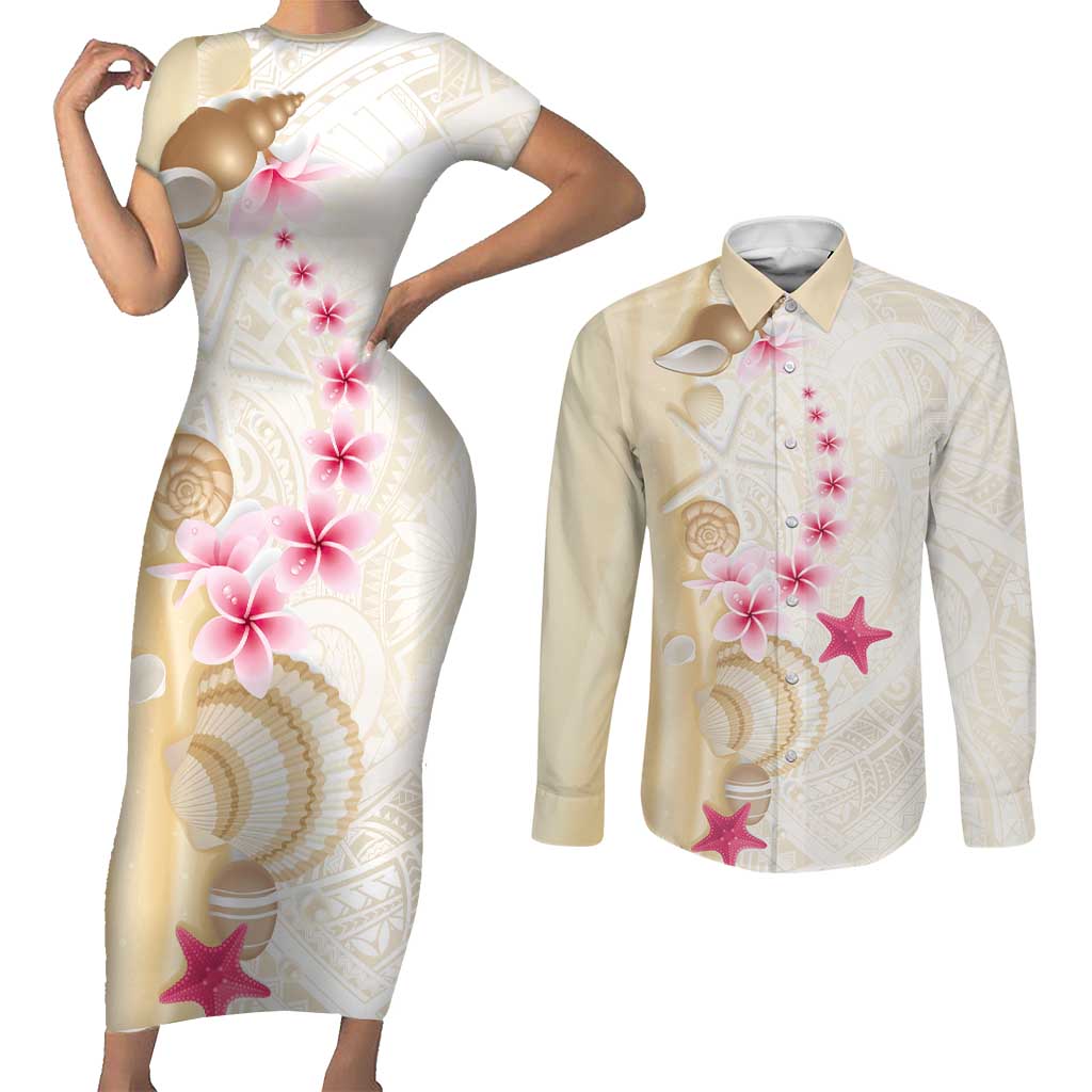 Beige Frangipani Sea Shell Couples Matching Short Sleeve Bodycon Dress and Long Sleeve Button Shirt Starfish Polynesian Pattern LT01 Beige - Polynesian Pride