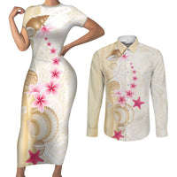 Beige Frangipani Sea Shell Couples Matching Short Sleeve Bodycon Dress and Long Sleeve Button Shirt Starfish Polynesian Pattern LT01 Beige - Polynesian Pride