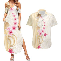 Beige Frangipani Sea Shell Couples Matching Summer Maxi Dress and Hawaiian Shirt Starfish Polynesian Pattern - Polynesian Pride
