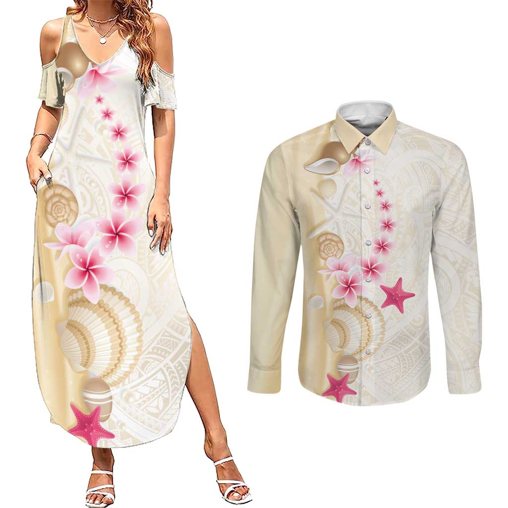 Beige Frangipani Sea Shell Couples Matching Summer Maxi Dress and Long Sleeve Button Shirt Starfish Polynesian Pattern LT01 Beige - Polynesian Pride