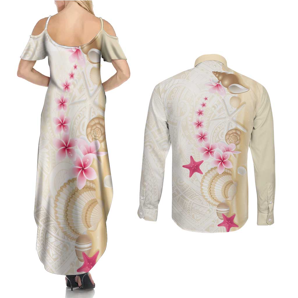 Beige Frangipani Sea Shell Couples Matching Summer Maxi Dress and Long Sleeve Button Shirt Starfish Polynesian Pattern LT01 - Polynesian Pride