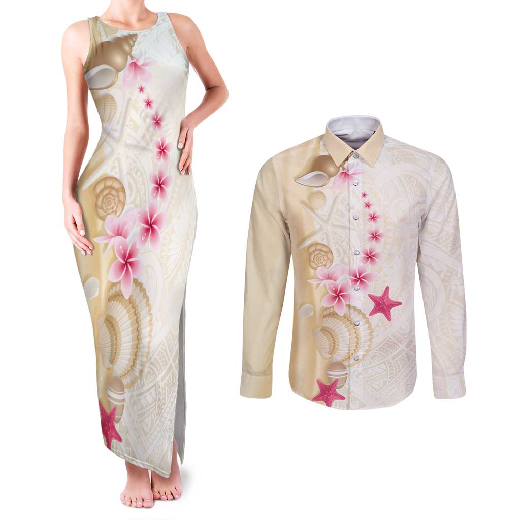 Beige Frangipani Sea Shell Couples Matching Tank Maxi Dress and Long Sleeve Button Shirt Starfish Polynesian Pattern LT01 Beige - Polynesian Pride