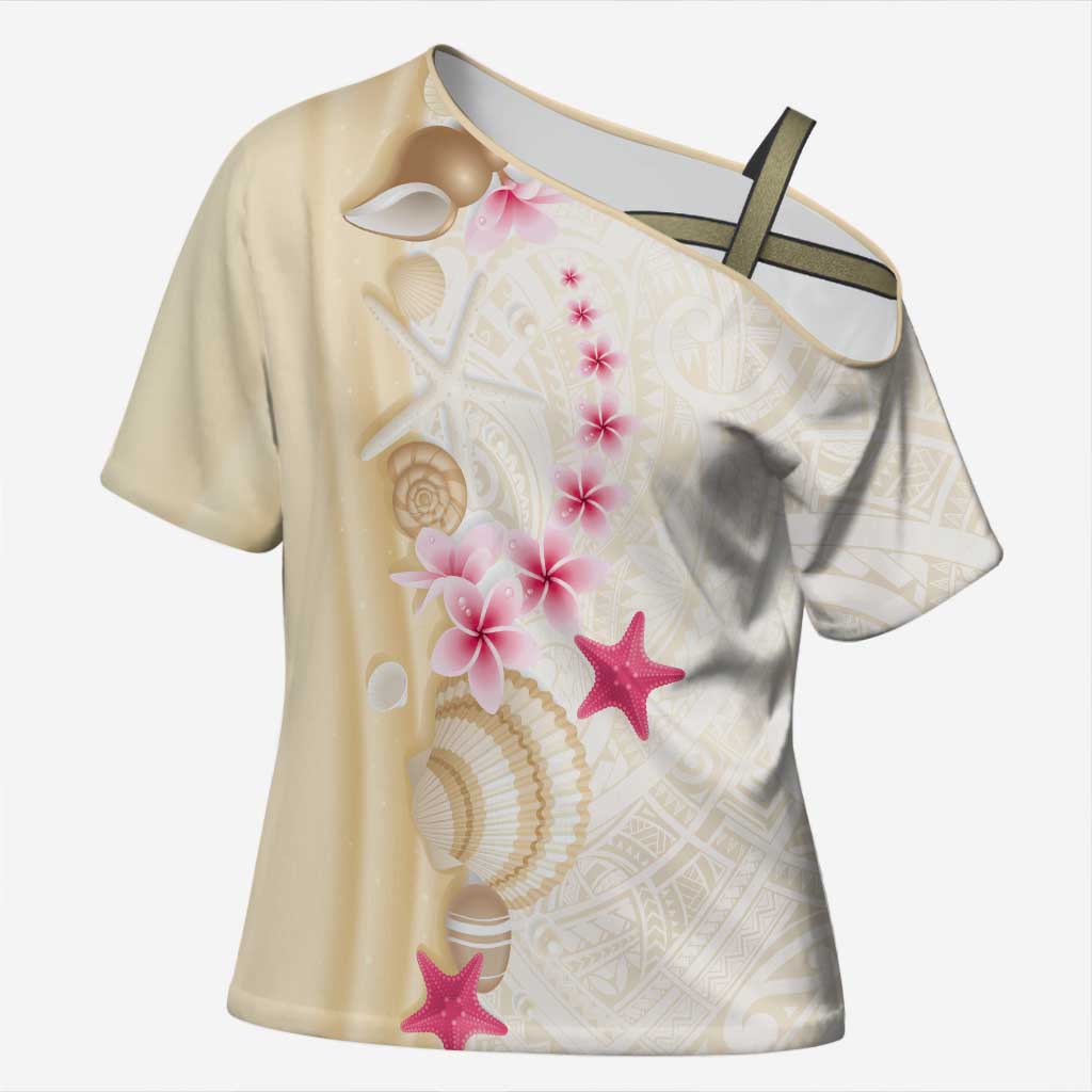 Beige Frangipani Sea Shell Cross Shoulder Shirt Starfish Polynesian Pattern LT01 Female Beige - Polynesian Pride