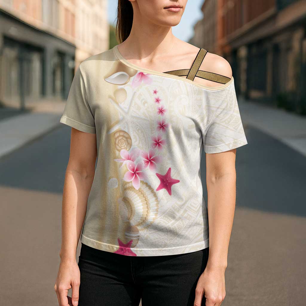Beige Frangipani Sea Shell Cross Shoulder Shirt Starfish Polynesian Pattern LT01 - Polynesian Pride
