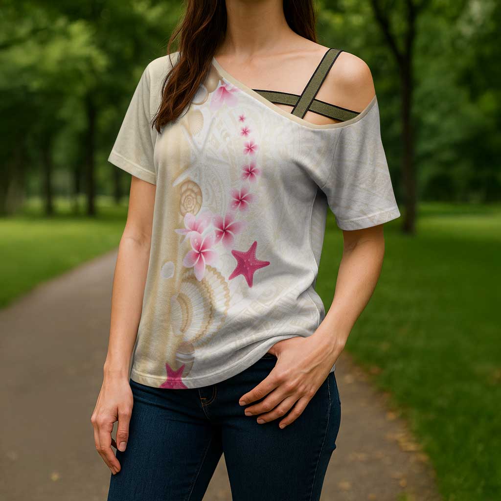 Beige Frangipani Sea Shell Cross Shoulder Shirt Starfish Polynesian Pattern LT01 - Polynesian Pride