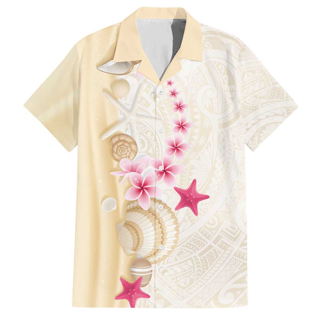 Beige Frangipani Sea Shell Family Matching Long Sleeve Bodycon Dress and Hawaiian Shirt Starfish Polynesian Pattern - Polynesian Pride