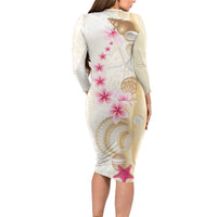 Beige Frangipani Sea Shell Family Matching Long Sleeve Bodycon Dress and Hawaiian Shirt Starfish Polynesian Pattern - Polynesian Pride