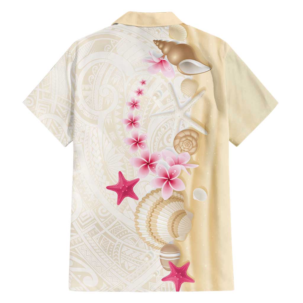 Beige Frangipani Sea Shell Family Matching Off Shoulder Short Dress and Hawaiian Shirt Starfish Polynesian Pattern - Polynesian Pride