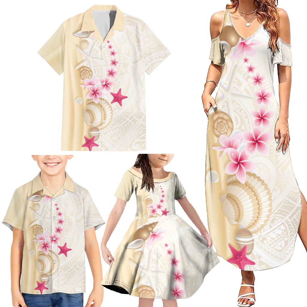 Beige Frangipani Sea Shell Family Matching Summer Maxi Dress and Hawaiian Shirt Starfish Polynesian Pattern - Polynesian Pride