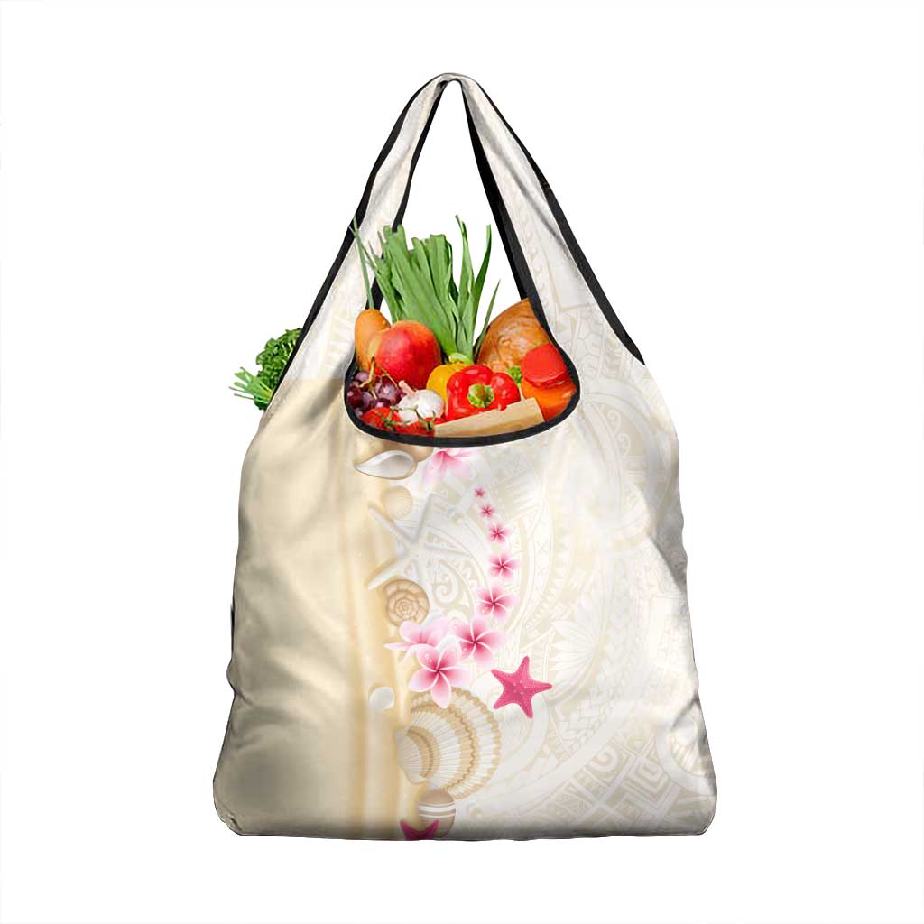 Beige Frangipani Sea Shell Grocery Bag Starfish Polynesian Pattern - Polynesian Pride