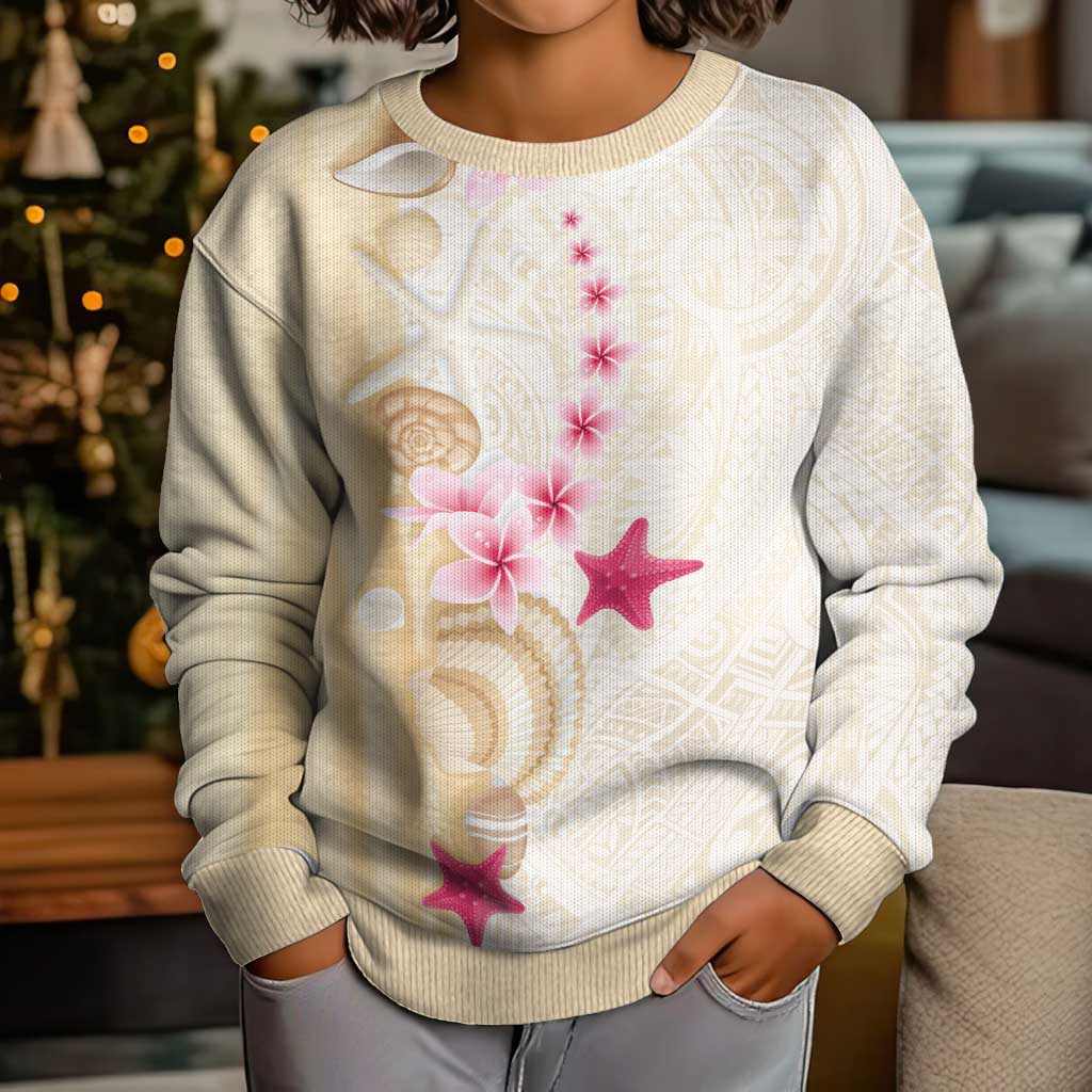Beige Frangipani Sea Shell Kid Ugly Christmas Sweater Starfish Polynesian Pattern LT01 - Polynesian Pride