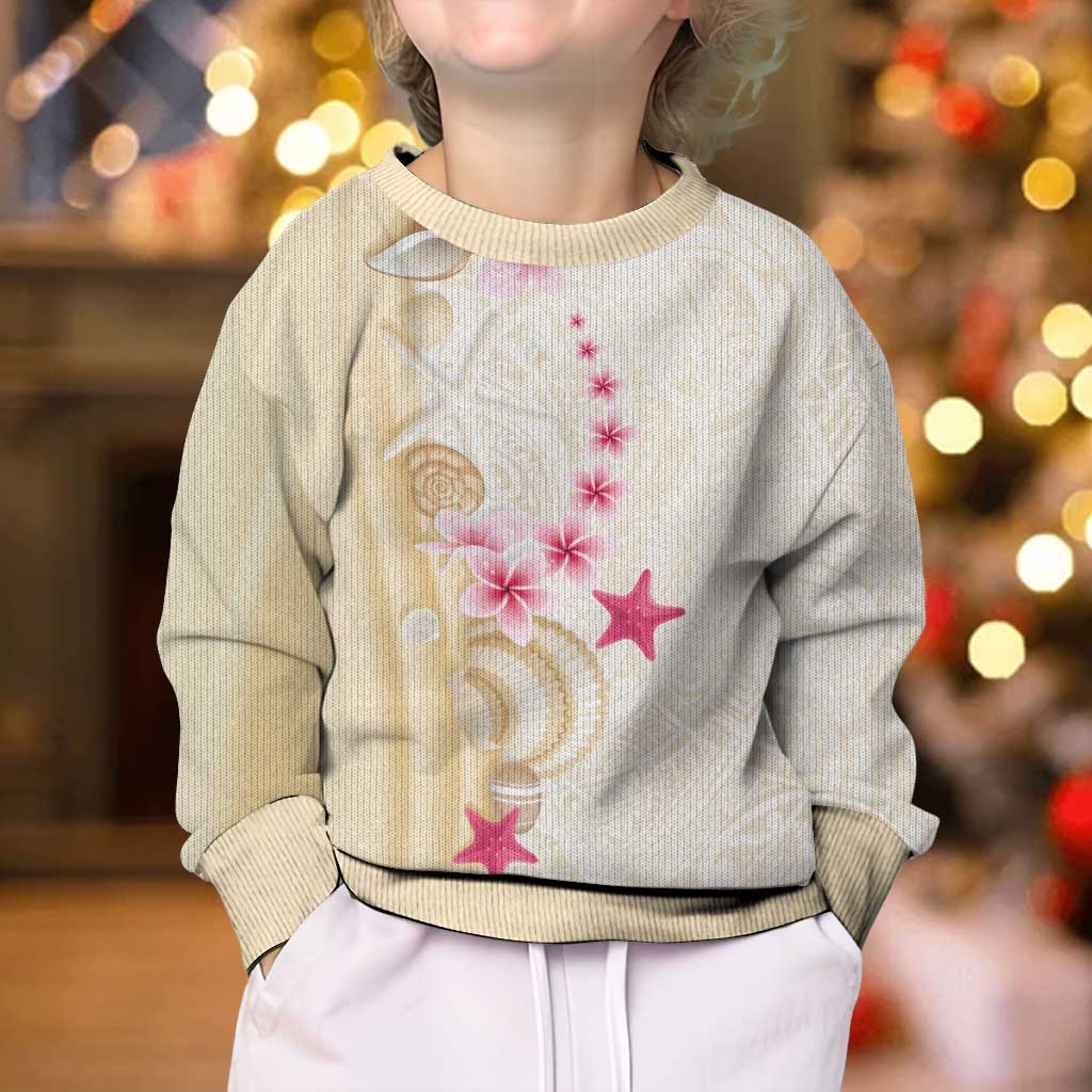 Beige Frangipani Sea Shell Kid Ugly Christmas Sweater Starfish Polynesian Pattern LT01 - Polynesian Pride
