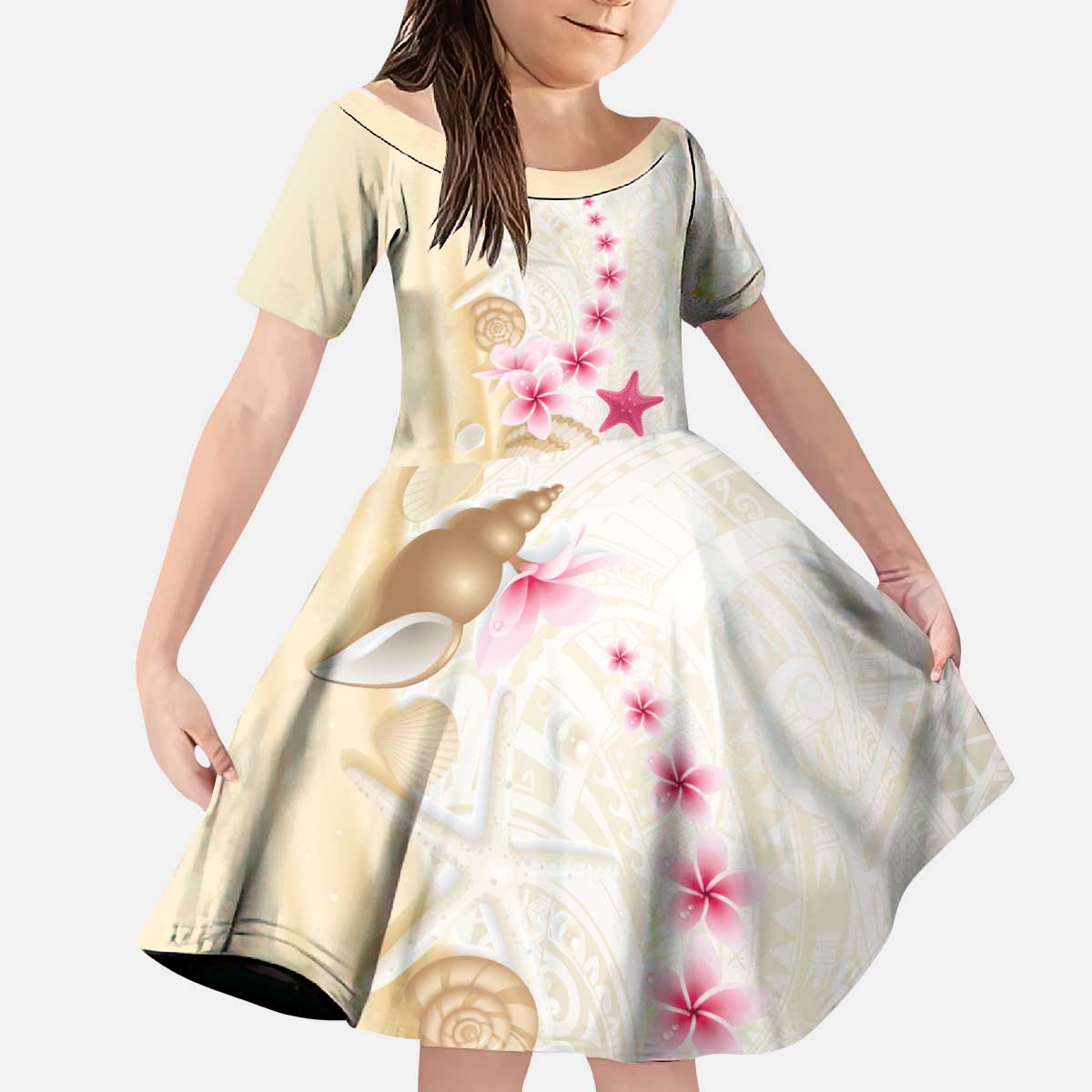 Beige Frangipani Sea Shell Kid Short Sleeve Dress Starfish Polynesian Pattern LT01 KID Beige - Polynesian Pride