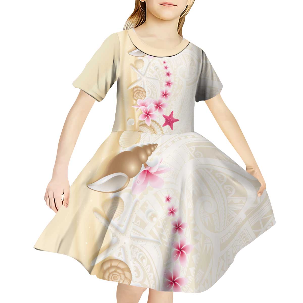 Beige Frangipani Sea Shell Kid Short Sleeve Dress Starfish Polynesian Pattern LT01 - Polynesian Pride