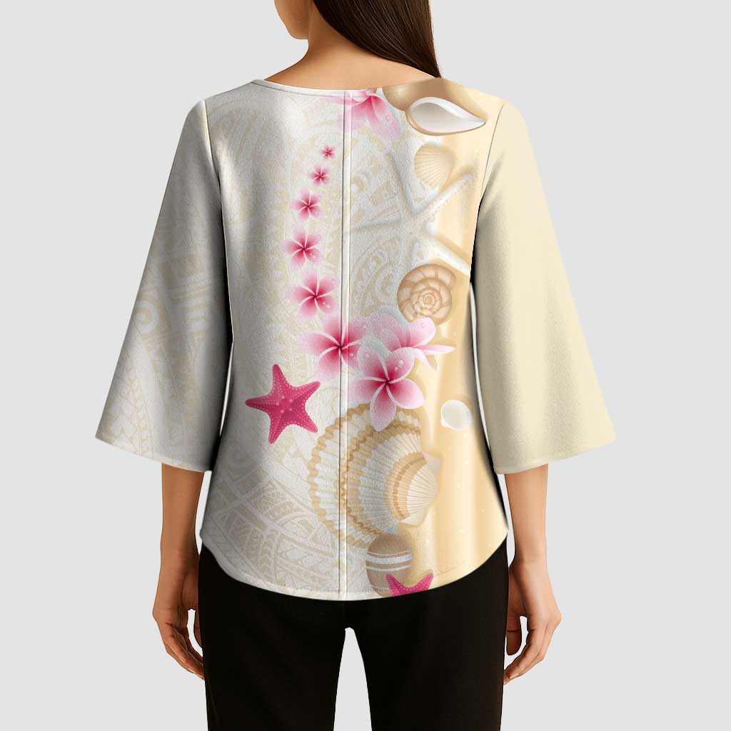 Beige Frangipani Sea Shell Kimono Sleeve Blouse Starfish Polynesian Pattern LT01 - Polynesian Pride