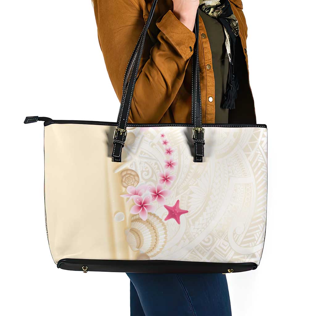 Beige Frangipani Sea Shell Leather Tote Bag Starfish Polynesian Pattern LT01 - Polynesian Pride