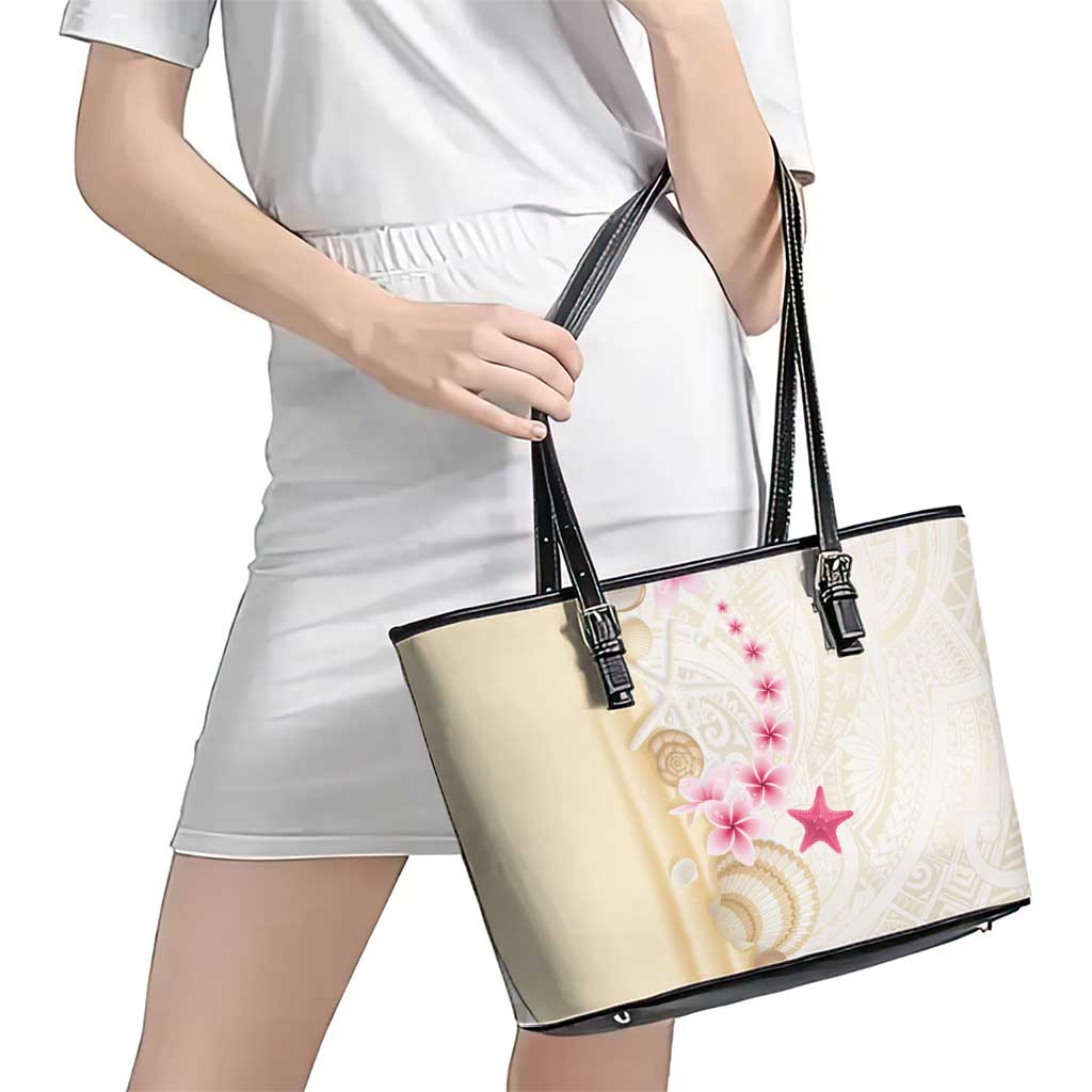 Beige Frangipani Sea Shell Leather Tote Bag Starfish Polynesian Pattern LT01 - Polynesian Pride