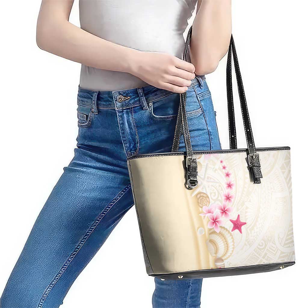 Beige Frangipani Sea Shell Leather Tote Bag Starfish Polynesian Pattern LT01 - Polynesian Pride