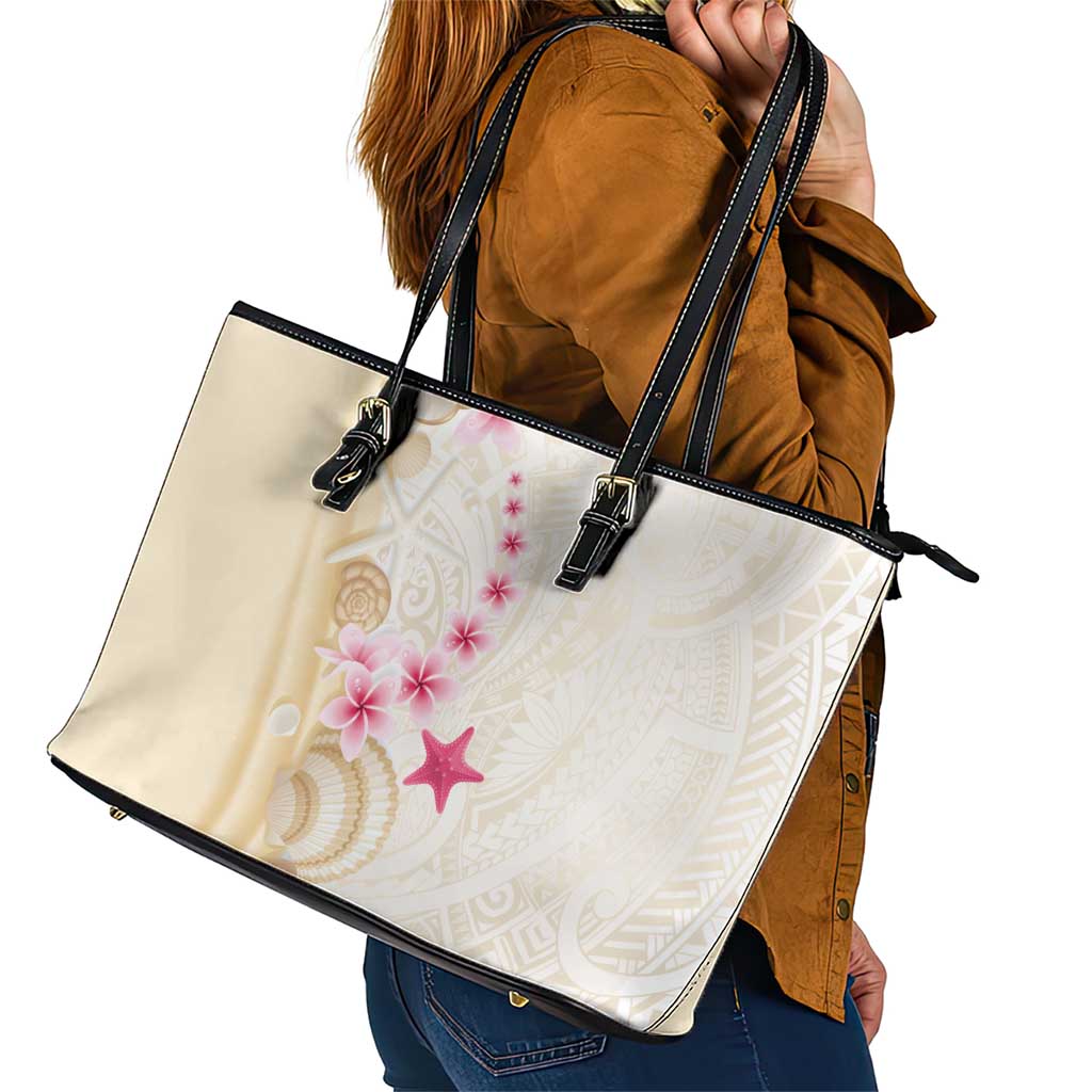 Beige Frangipani Sea Shell Leather Tote Bag Starfish Polynesian Pattern LT01 - Polynesian Pride