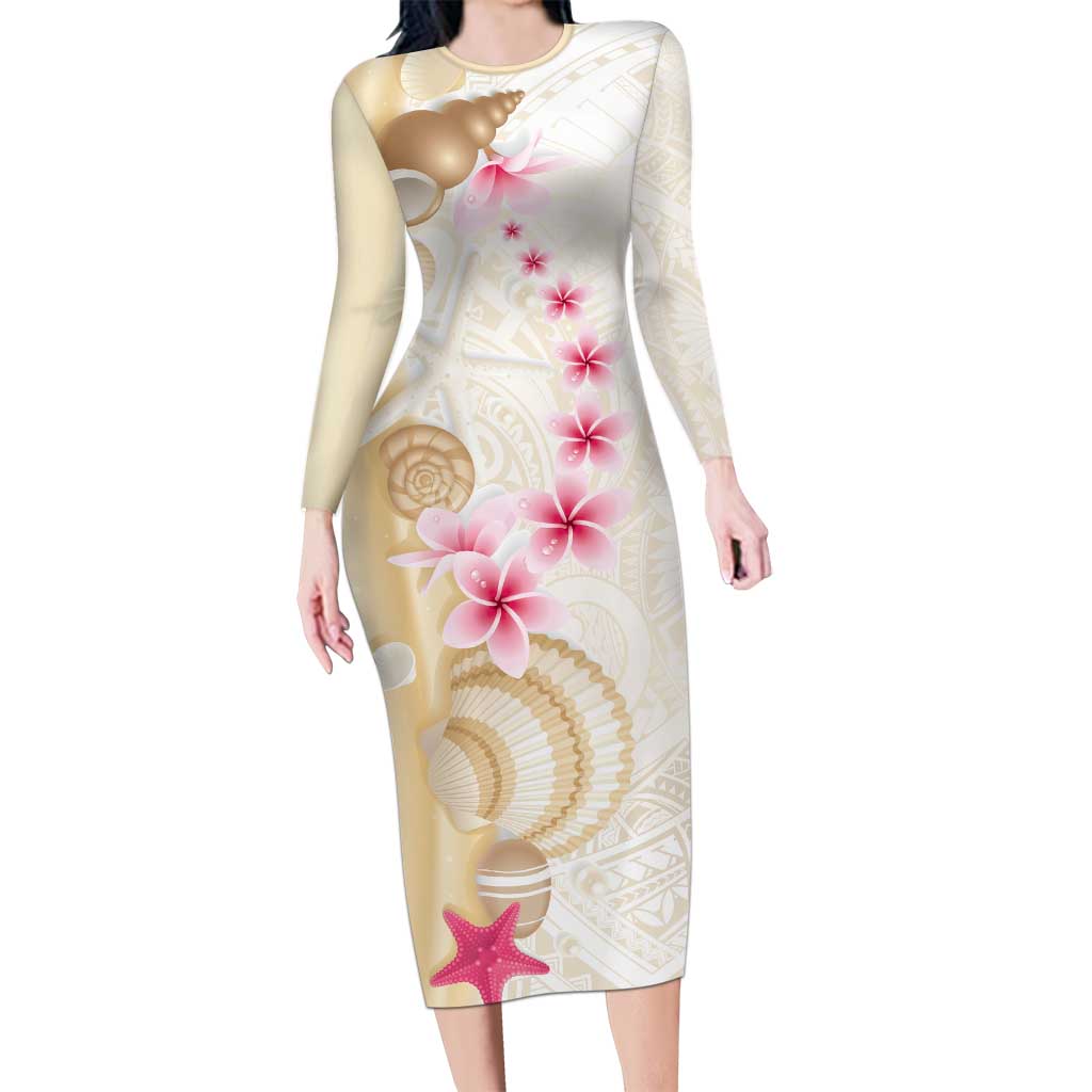 Beige Frangipani Sea Shell Long Sleeve Bodycon Dress Starfish Polynesian Pattern - Polynesian Pride