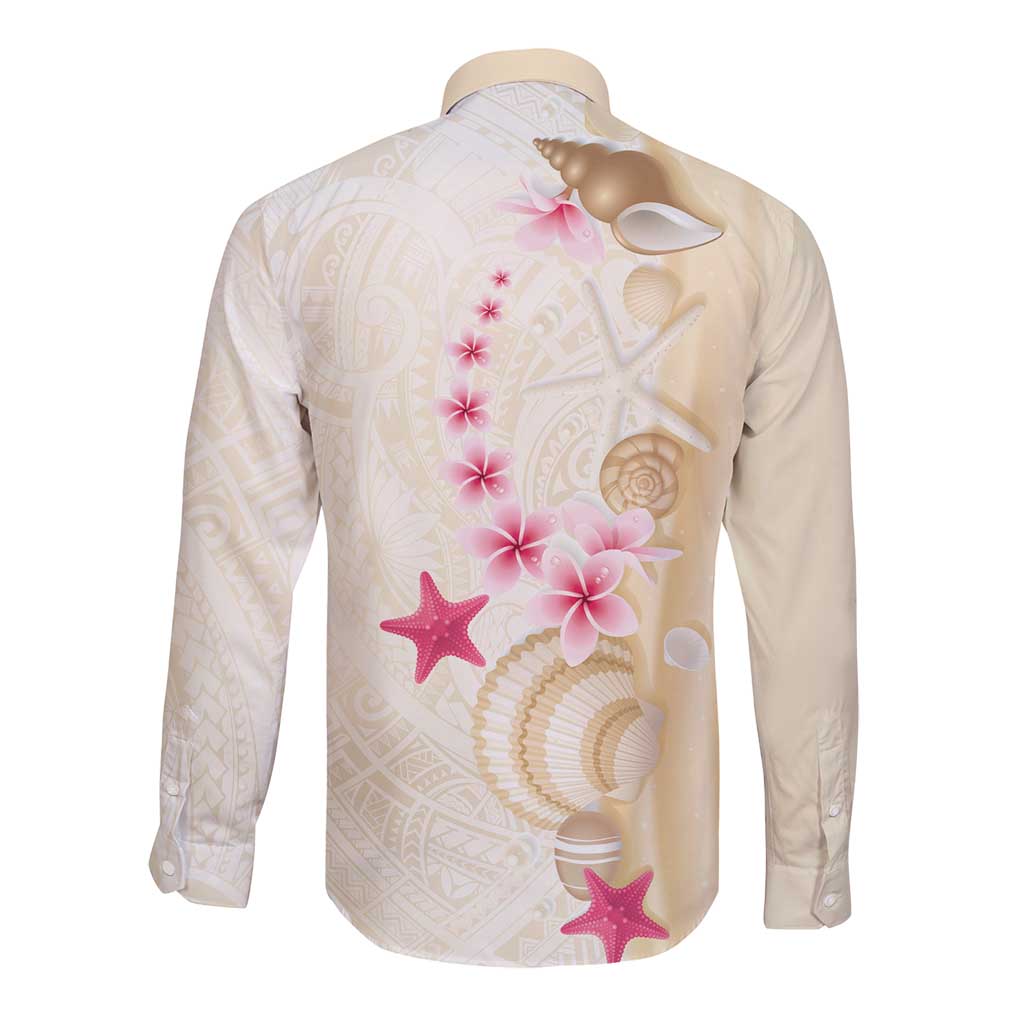 Beige Frangipani Sea Shell Long Sleeve Button Shirt Starfish Polynesian Pattern LT01 - Polynesian Pride