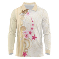 Beige Frangipani Sea Shell Long Sleeve Polo Shirt Starfish Polynesian Pattern LT01 Beige - Polynesian Pride