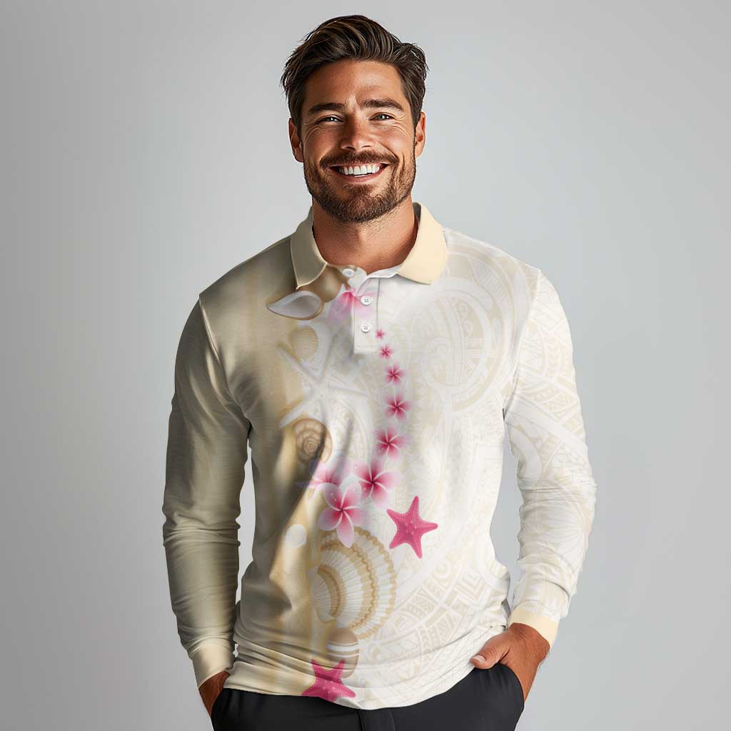 Beige Frangipani Sea Shell Long Sleeve Polo Shirt Starfish Polynesian Pattern LT01 - Polynesian Pride