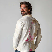 Beige Frangipani Sea Shell Long Sleeve Polo Shirt Starfish Polynesian Pattern LT01 - Polynesian Pride