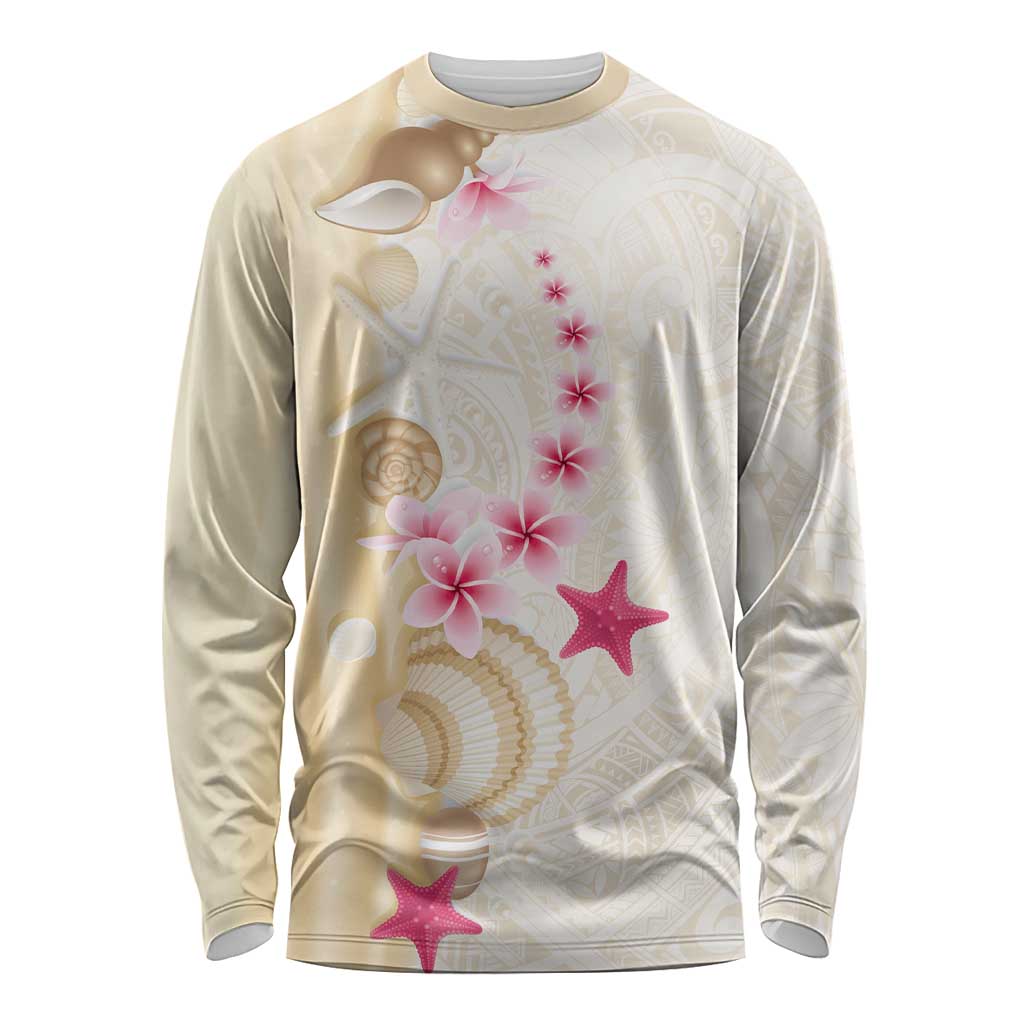 Beige Frangipani Sea Shell Long Sleeve Shirt Starfish Polynesian Pattern LT01 Unisex Beige - Polynesian Pride