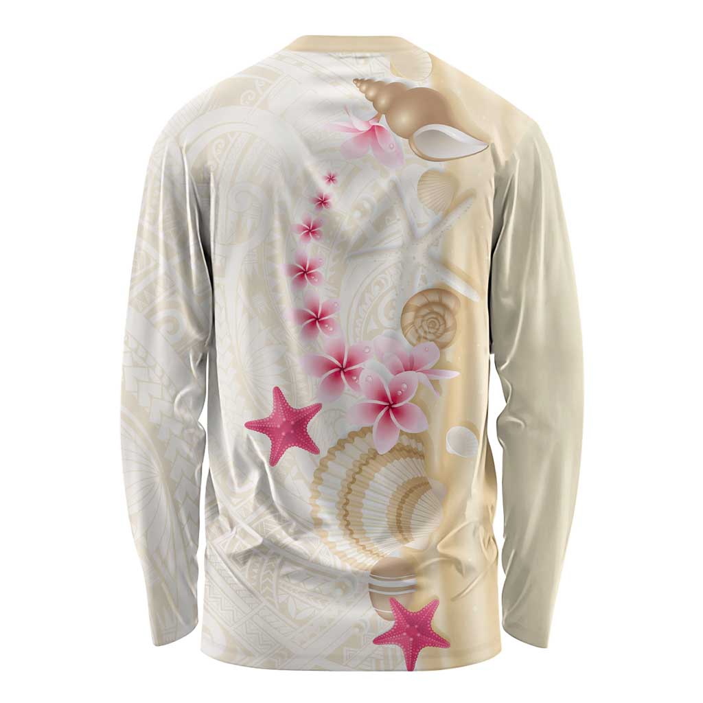 Beige Frangipani Sea Shell Long Sleeve Shirt Starfish Polynesian Pattern LT01 - Polynesian Pride